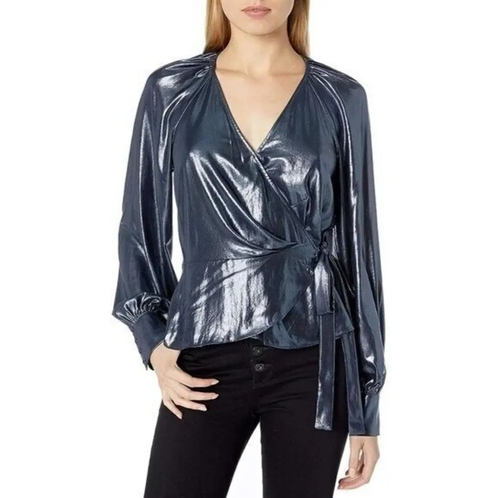 Parker Sheridan Blue Night Sky Satin Wrap Long Sleeve Blouse XL $258
